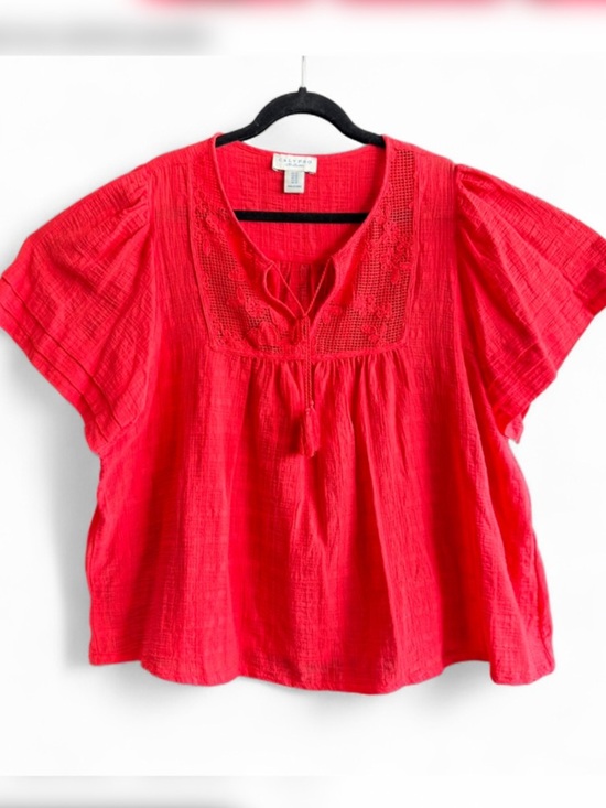 Calypso St. Barth Tops - Calypso St. Barth Red Crochet-Yoke Peasant Top